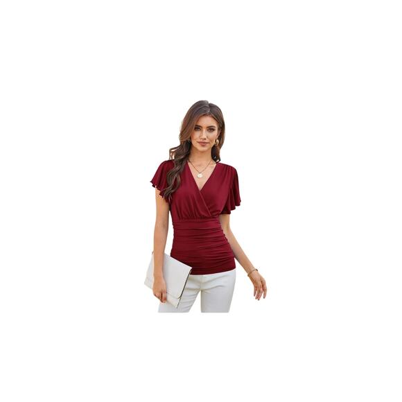 GRACE KARIN 2025 Womens Tops Small winered Wrap Blouse V Neck Ruffle Sleeve NWT - Picture 2 of 7
